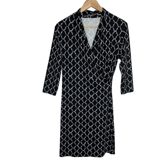J. McLaughlin Catalina Cloth Faux Wrap Dress Small Black Geometric Print V Neck - Picture 1 of 9